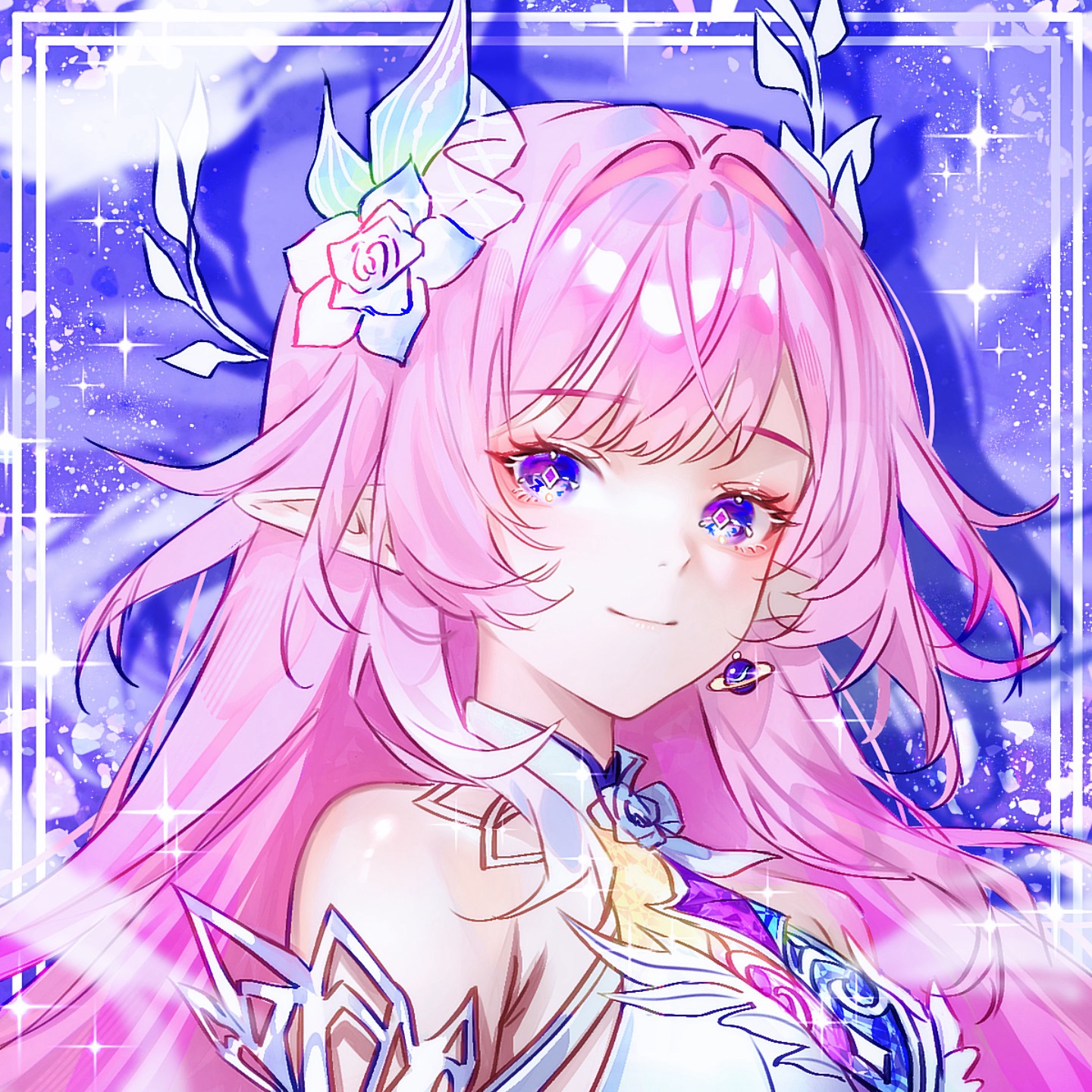 cyrene (honkai: star rail), cyrene (ripples of past reverie) (honkai: star rail), honkai: star rail, honkai (series), chinese commentary, commentary request, highres, 1girl, bare shoulders, blue background, breasts, diamond-shaped pupils, diamond (shape), dress, earrings, flower, hair flower, hair ornament, halo, jewelry, large breasts, lifen70754, long hair, looking at viewer, pink hair, pointy ears, purple eyes, smile, solo, symbol-shaped pupils, very long hair, white dress