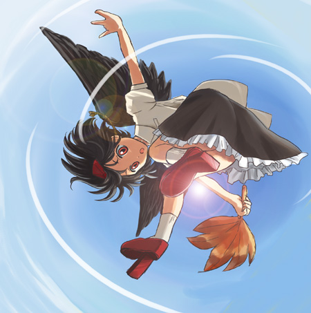 hashiyamoto, shameimaru aya, touhou, bad id, bad pixiv id, lowres, 1girl, black hair, black wings, expressionless, female focus, flying, geta, hat, looking down, open mouth, ribbon, short hair, solo, sun, tengu-geta, wings