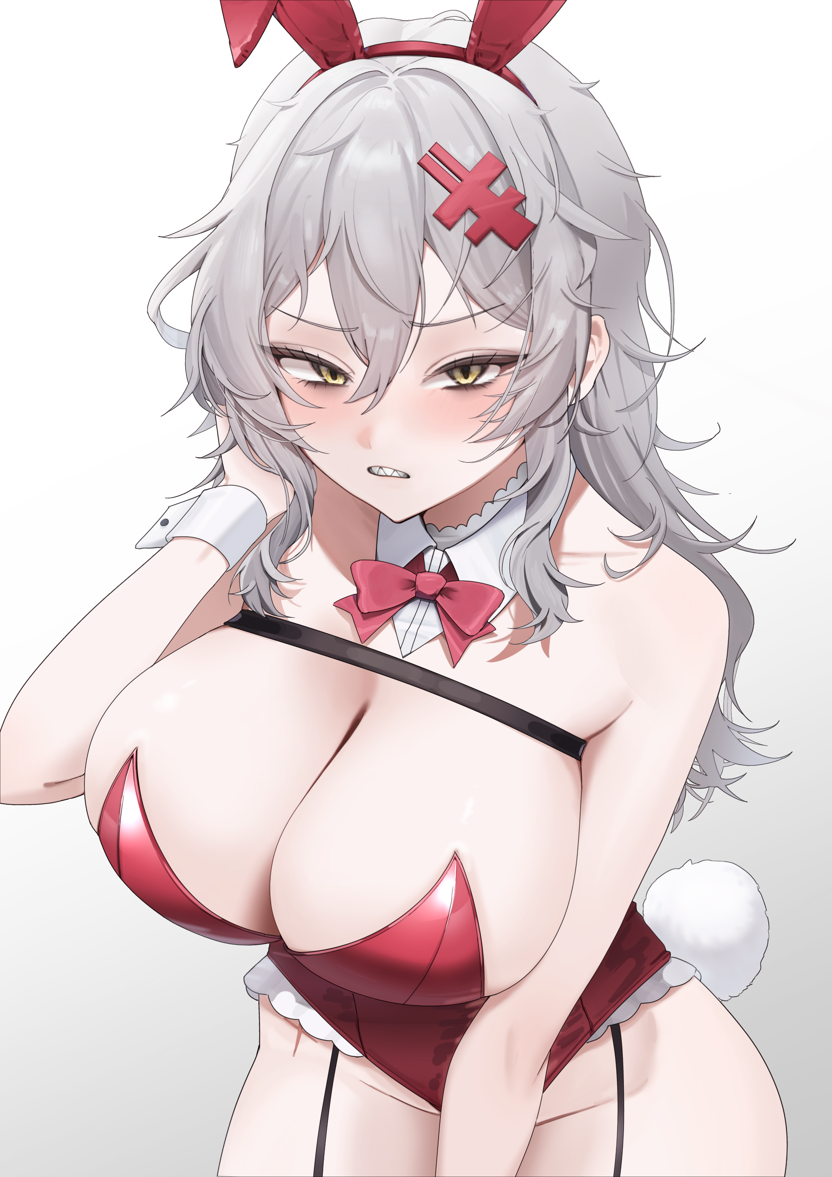 gvmmr, yulha (nikke), goddess of victory: nikke, absurdres, highres, 1girl, animal ears, blush, breasts, chest strap, cleavage, covered navel, detached collar, fake animal ears, fake tail, garter straps, grey hair, hair ornament, hairclip, large breasts, leotard, long hair, messy hair, playboy bunny, rabbit ears, rabbit tail, red leotard, scar, scar on hip, scar on stomach, sharp teeth, solo, strapless, strapless leotard, tail, teeth, wrist cuffs, yellow eyes