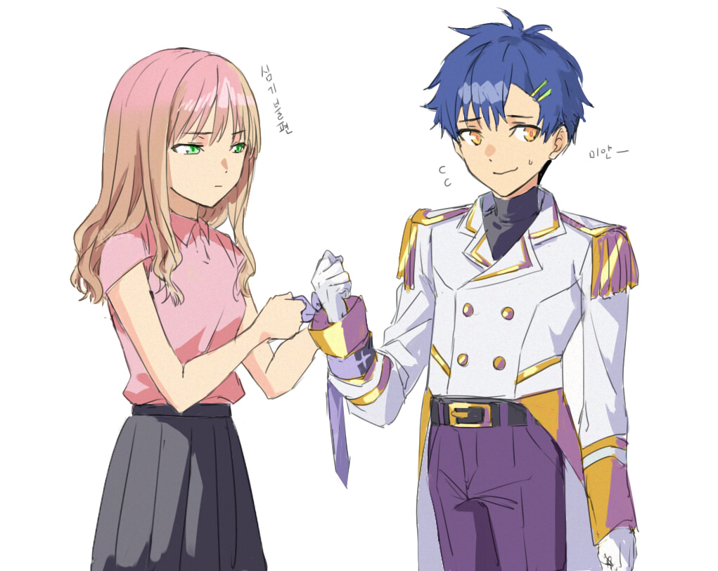 risyo, asanaka yomogi, minami yume, sizumu, gridman universe, gridman universe (movie), 1girl, blue hair, blush, breasts, brown hair, couple, epaulettes, gloves, green eyes, hair ornament, hairclip, hetero, jacket, long hair, long sleeves, military jacket, official alternate costume, shirt, short hair, simple background, skirt, smile, sweatdrop, white background, white gloves, yellow eyes