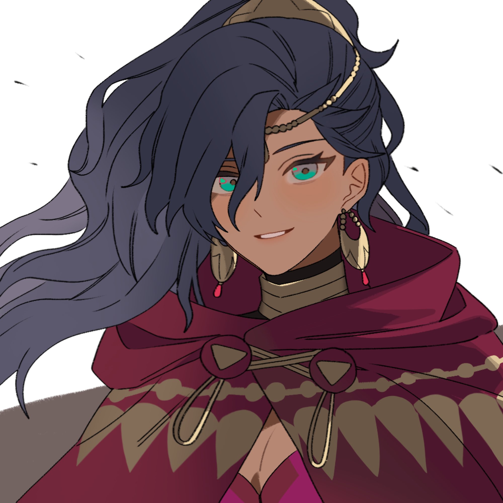 dr metagross, leda (fire emblem), fire emblem, fire emblem: fortune's weave, nintendo, highres, 1girl, blue eyes, blue hair, breasts, cleavage, cloak, closed mouth, dark-skinned female, dark skin, earrings, gold choker, gold earrings, high ponytail, hood, hooded cloak, jewelry, looking at viewer, ponytail, red cloak, solo