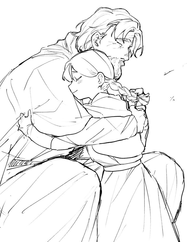 jolenta, chi.: chikyuu no undou ni tsuite, 1boy, 1girl, beard, blush, braid, capelet, closed eyes, facial hair, father and daughter, greyscale, hair between eyes, havuegigwibaini, hug, lineart, long hair, monochrome, nowak (chi.), parted bangs, robe, short hair, single braid, sketch, smile, tears, white background