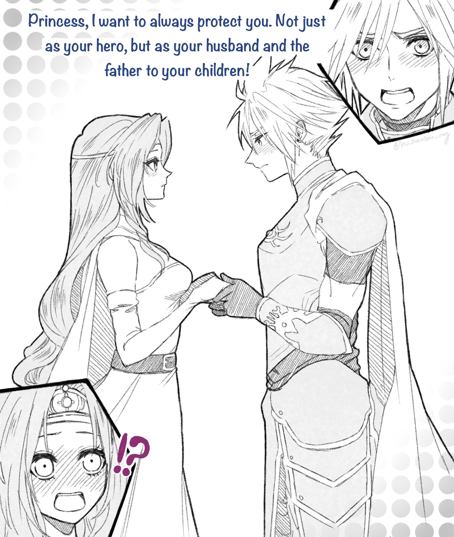 hu manbee ing, aerith gainsborough, cloud strife, sage (dq3), final fantasy, final fantasy vii, final fantasy vii ever crisis, highres, !?, 1boy, 1girl, aerith gainsborough (supreme sage garb), belt, blush, breasts, cape, circlet, cloud strife (erdrick's armour), cosplay, couple, dress, elbow gloves, english text, gloves, greyscale, hetero, holding hands, long hair, marriage proposal, medium breasts, monochrome, official alternate costume, open mouth, parted bangs, roto's emblem, sage (dq3) (cosplay), short hair, strapless, strapless dress, twitter username, vambraces, white dress