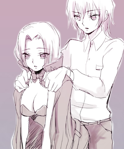 plum (arch), kouzuki kallen, lelouch vi britannia, code geass, lowres, 00s, 1boy, 1girl, borrowed clothes, breasts, cleavage, couple, jacket, jacket on shoulders, large breasts, monochrome, purple theme, short hair