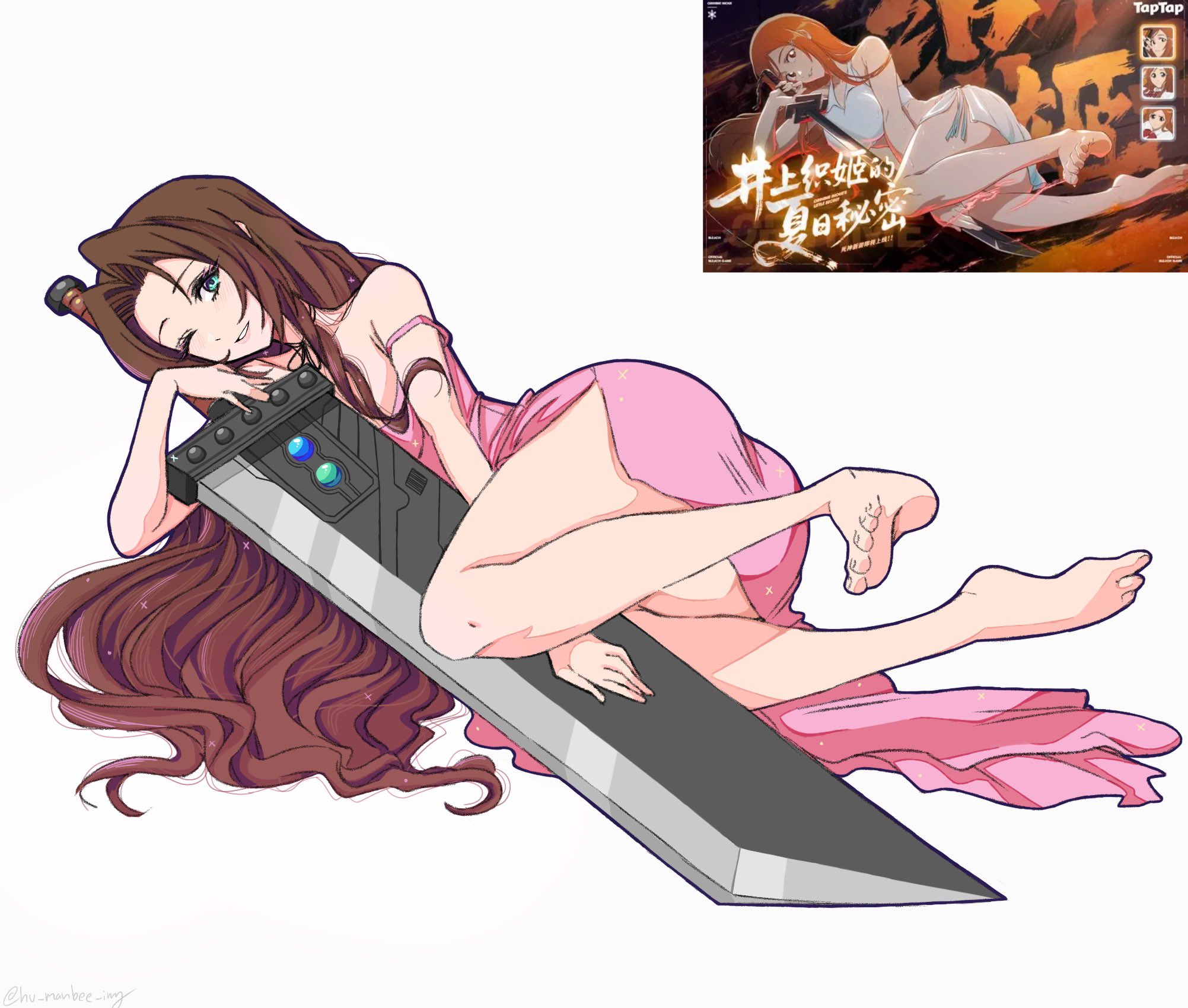 hu manbee ing, aerith gainsborough, inoue orihime, bleach, final fantasy, final fantasy vii, highres, 1girl, bare legs, bare shoulders, barefoot, brown hair, buster sword, choker, dress, feet, full body, green eyes, huge weapon, legs, light smile, long dress, long hair, looking at viewer, materia, one eye closed, parted bangs, parted lips, pink dress, reference inset, ribbon choker, sidelocks, sleeveless, sleeveless dress, soles, solo, strap slip, thighs, toenails, toes, wavy hair, weapon, white background