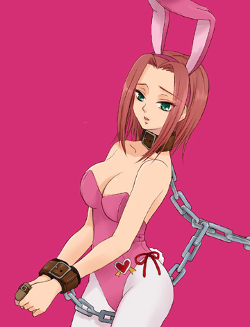 plum (arch), kouzuki kallen, code geass, lowres, 00s, 1girl, animal ears, bare shoulders, bdsm, bondage, bound, breasts, chain, chain leash, cleavage, collar, cowboy shot, fake animal ears, female focus, green eyes, leash, leotard, medium breasts, open mouth, pantyhose, pink pantyhose, playboy bunny, rabbit ears, red hair, short hair, slave, solo