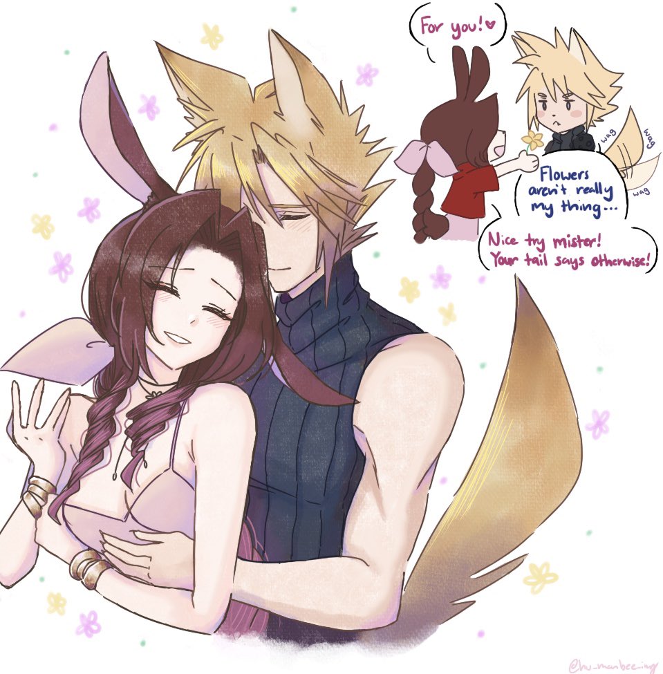 hu manbee ing, aerith gainsborough, cloud strife, final fantasy, final fantasy vii, final fantasy vii rebirth, final fantasy vii remake, animal ears, bangle, blonde hair, blue shirt, blush, blush stickers, bracelet, braid, braided ponytail, breasts, brown hair, choker, cleavage, closed eyes, couple, dress, english text, flower choker, hair between eyes, hair ribbon, hetero, jacket, jewelry, kemonomimi mode, long hair, medium breasts, open mouth, parted bangs, parted lips, pink dress, pink ribbon, rabbit ears, rabbit girl, red jacket, ribbon, shirt, short hair, sidelocks, single braid, sleeveless, sleeveless dress, sleeveless turtleneck, smile, spaghetti strap, spiked hair, tail, tail wagging, turtleneck, upper body, wolf boy, wolf ears, wolf tail