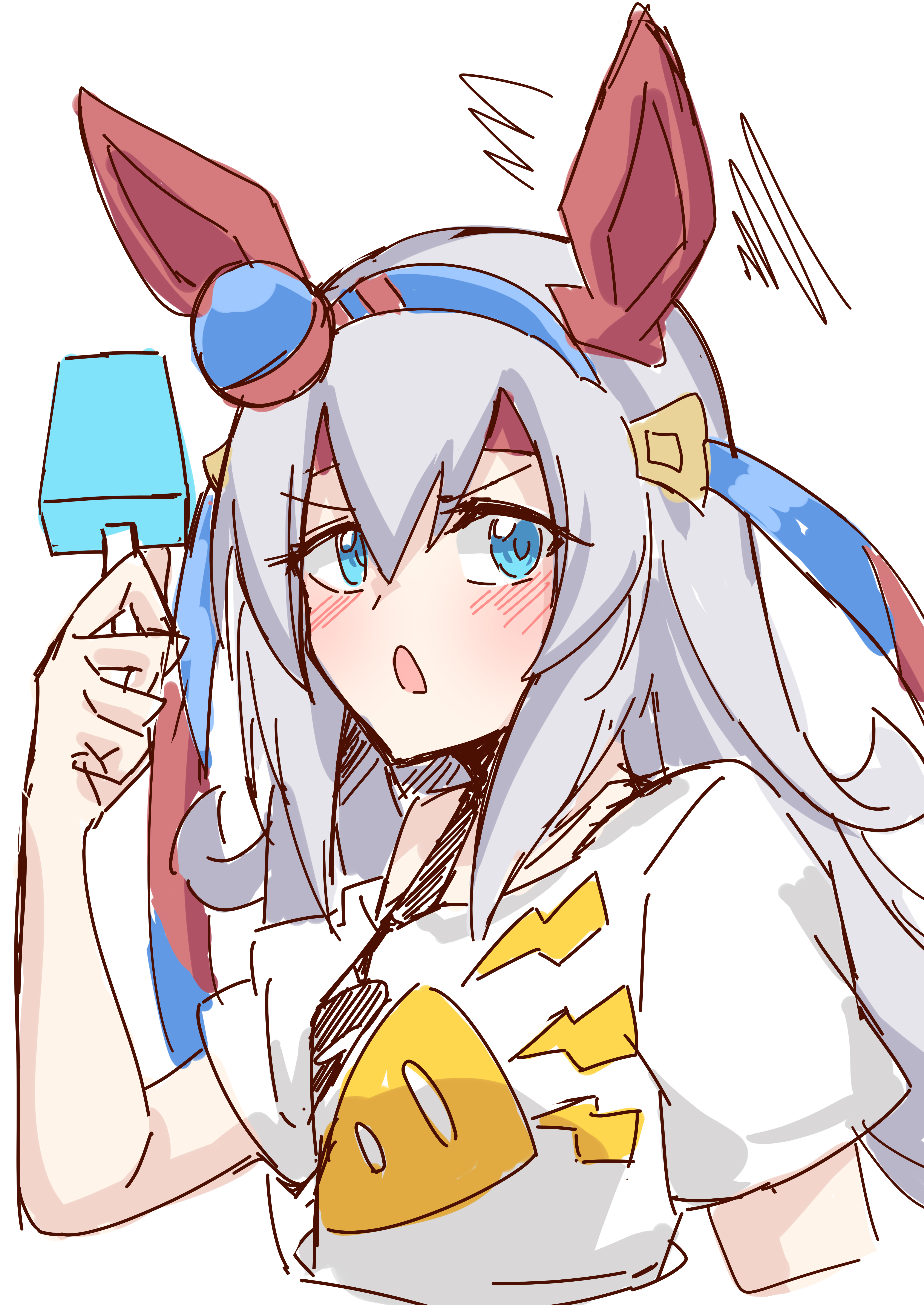 amaxa, tamamo cross (umamusume), umamusume, absurdres, highres, 1girl, animal ears, blue eyes, blue hairband, blush, ear covers, ear ornament, grey hair, hair between eyes, hairband, headband, horse ears, horse girl, long hair, open mouth, red headband, shirt, solo, striped clothes, striped hairband, very long hair