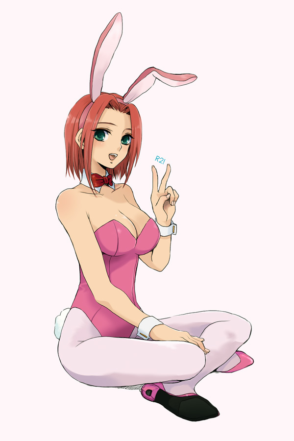 plum (arch), kouzuki kallen, code geass, 00s, 1girl, animal ears, breasts, cleavage, detached collar, fake animal ears, female focus, full body, green eyes, high heels, leotard, medium breasts, pantyhose, pink pantyhose, playboy bunny, rabbit ears, rabbit tail, red hair, shoes, smile, solo, v