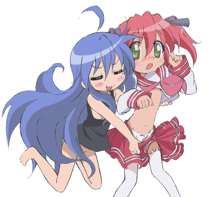 sakurasaka tsuchiyu, izumi konata, kobayakawa yutaka, kadokawa shoten, lucky star, 00s, 2girls, :3, barefoot, blue hair, blush, bottomless, clothes lift, clothes pull, female focus, flat chest, green eyes, kodomo doushi, loli, long hair, long sleeves, mole, mole under eye, multiple girls, navel, nipples, no bra, no panties, open mouth, panties, pink hair, ryouou school uniform, school uniform, serafuku, shirt lift, simple background, skirt, skirt pull, sleeveless, thighhighs, underwear, white background, white panties, yuri