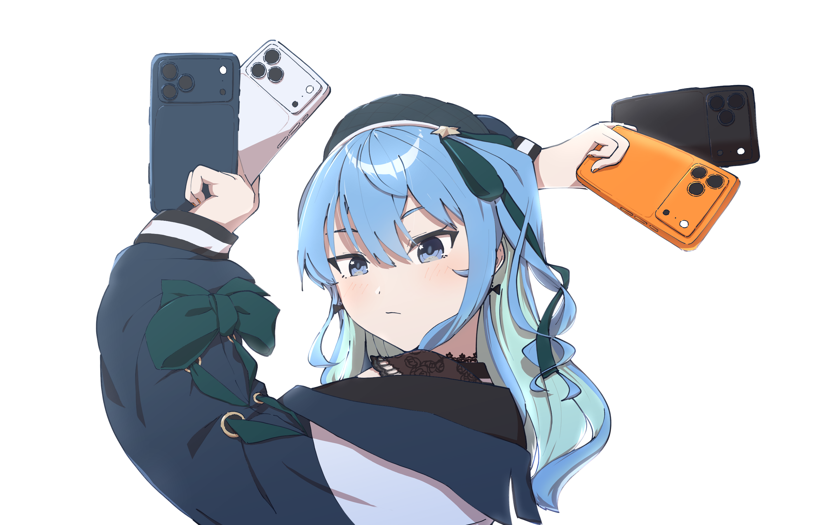 gillisk, hoshimachi suisei, hoshimachi suisei (casual), goodbye sengen (vocaloid), hololive, commentary request, highres, 1girl, beret, between fingers, blue eyes, blue hair, bow, cellphone, colored inner hair, expressionless, green bow, green ribbon, hair between eyes, hair ribbon, hat, holding, holding phone, iphone 17 pro, long hair, long sleeves, looking at viewer, multicolored hair, official alternate costume, phone, ribbon, simple background, smartphone, solo, star (symbol), star in eye, symbol in eye, upper body, virtual youtuber, white background