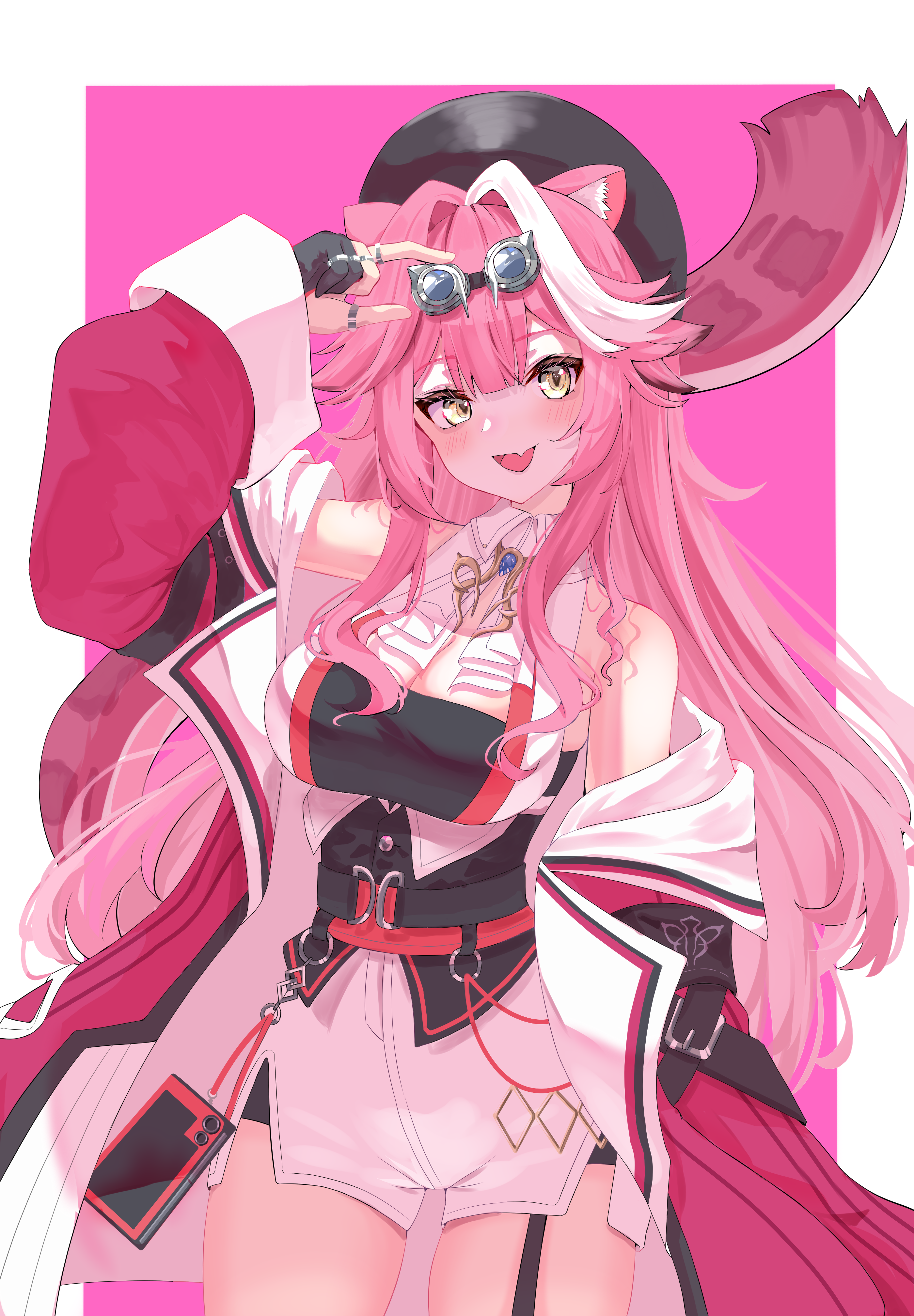 hoangnc4, raora panthera, raora panthera (1st costume), hololive, hololive english, absurdres, highres, 1girl, animal ears, artist glove, beret, black tube top, breasts, cleavage, coat, goggles, goggles on head, hat, large breasts, long hair, open mouth, panther ears, panther girl, panther tail, pink coat, pink hair, shorts, solo, strapless, tail, tube top, vest, virtual youtuber, white shorts, white vest, yellow eyes