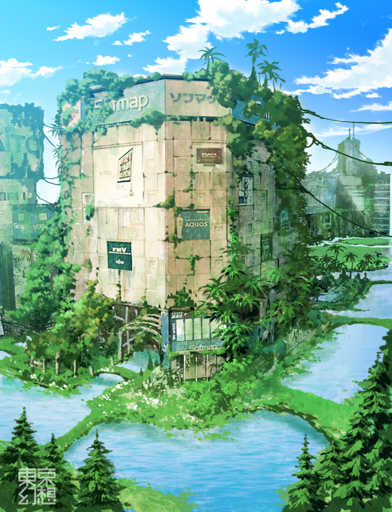 tokyogenso, bad id, bad pixiv id, highres, building, city, cityscape, cloud, day, grass, landscape, no humans, overgrown, ruins, scenery, shop, sign, sky, tree, water