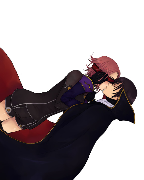 plum (arch), kouzuki kallen, lelouch vi britannia, code geass, 00s, 1boy, 1girl, blindfold, cape, couple, dutch angle, hetero, kiss, order of the black knights uniform, short hair, shorts, simple background, thighhighs, white background