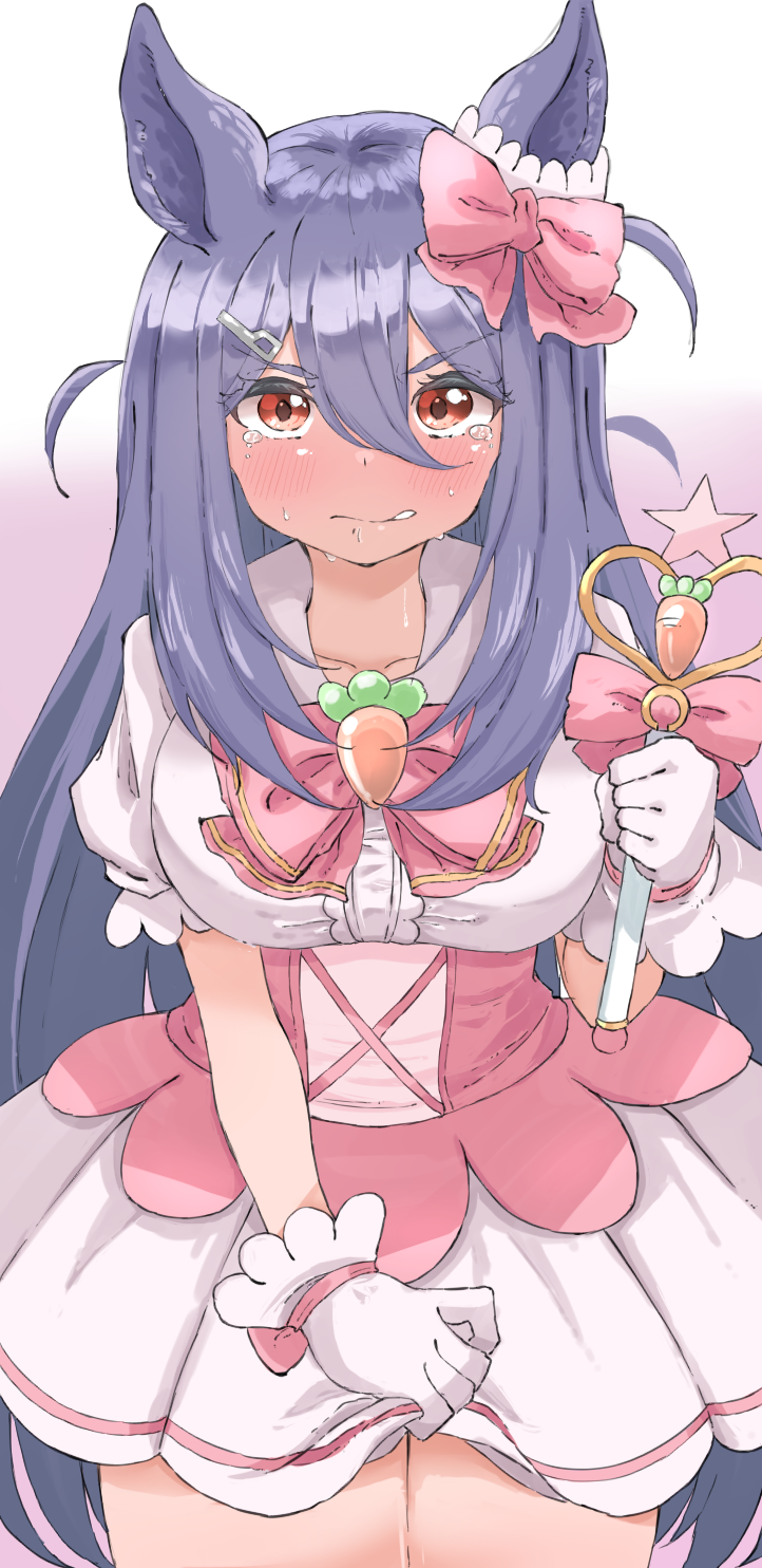 norippe (user zgsf8872), hishi amazon (umamusume), umamusume, commentary request, highres, 1girl, animal ears, blush, bow, breasts, collarbone, dress, gloves, gradient background, hair between eyes, holding, holding wand, horse ears, long hair, looking at viewer, magical girl, medium breasts, nose blush, pink bow, puffy short sleeves, puffy sleeves, purple background, purple hair, red eyes, short sleeves, solo, sweat, tears, v-shaped eyebrows, very long hair, wand, white background, white dress, white gloves