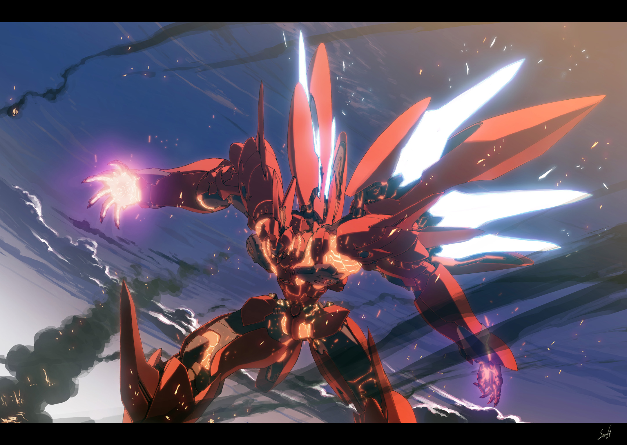 i-iv (longman), wadatsumi garland, weltall-id, xenogears, highres, tagme, cloud, glowing, glowing hand, letterboxed, mecha, no humans, robot, sky, wings
