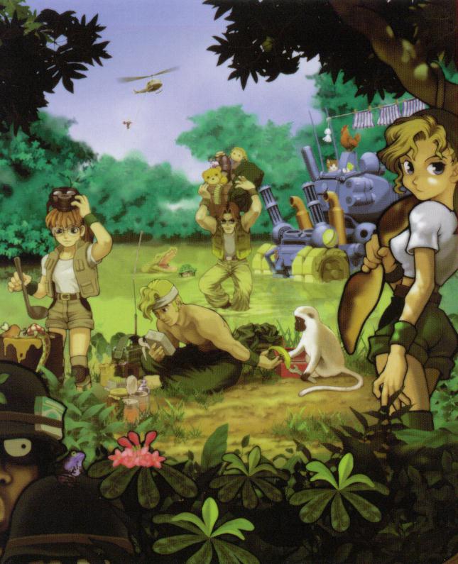 fio germi, kasamoto eri, marco rossi, tarma roving, metal slug, snk, vehicle, 2girls, 4boys, aircraft, bird, chicken, crocodile, crocodilian, helicopter, military, military vehicle, monkey, motor vehicle, multiple boys, multiple girls, slice of life, sv001 (metal slug), sv001 (metalslug), tank
