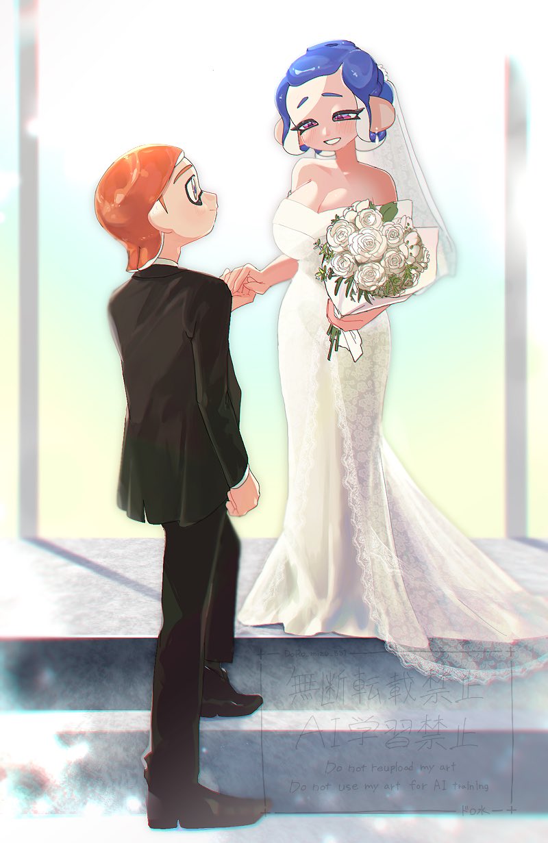 doro mizu 831, inkling boy, inkling player character, octoling girl, octoling player character, waka-chan (doro mizu 831), nintendo, splatoon (series), highres, 1boy, 1girl, bare shoulders, blue hair, bouquet, breasts, cleavage, dress, flower, holding, holding bouquet, inkling, large breasts, octoling, orange hair, pink eyes, rose, stairs, tentacle hair, wedding, wedding dress, white dress, white flower, white rose