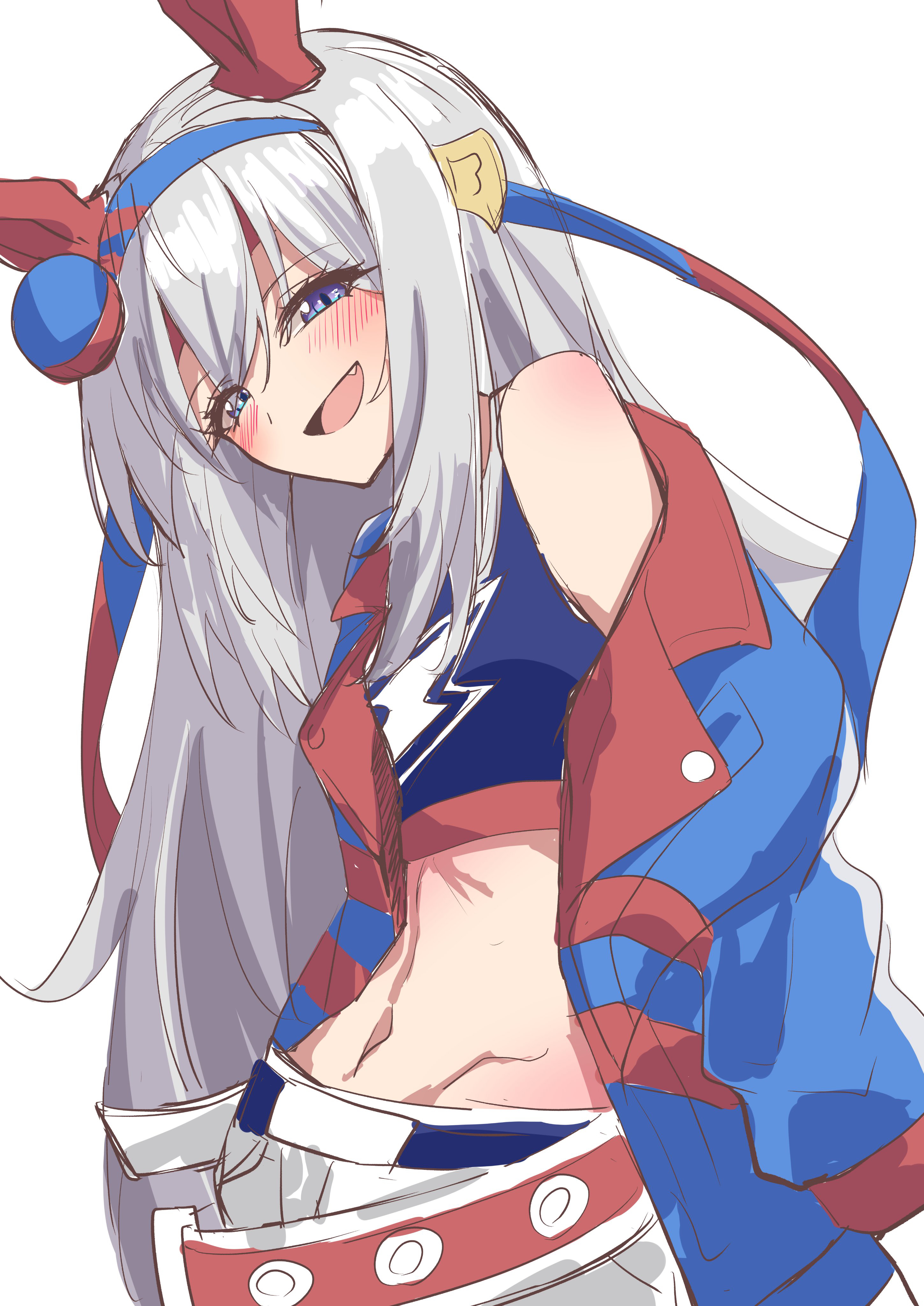 amaxa, tamamo cross (umamusume), umamusume, umamusume: cinderella gray, absurdres, highres, 1girl, animal ears, blue eyes, blue hairband, blush, ear covers, ear ornament, fang, grey hair, hair between eyes, hairband, headband, horse ears, horse girl, lightning bolt print, long hair, long sleeves, navel, open mouth, print shirt, red headband, removing jacket, shirt, smile, solo, striped clothes, striped hairband, very long hair