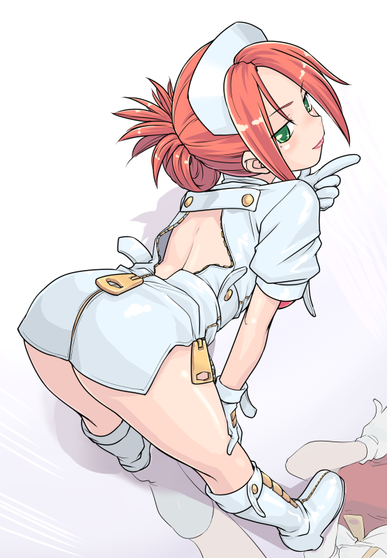 hinemosu notari, garnet (the rumble fish), the rumble fish, bad id, bad pixiv id, 1girl, ass, back, bent over, blush, boots, breasts, buttons, closed mouth, dress, dutch angle, female focus, folded ponytail, full-length zipper, full body, gloves, gradient background, green eyes, grey background, hand on own knee, hat, high heel boots, high heels, knee boots, legs apart, leotard, leotard under clothes, lipstick, looking at viewer, looking back, makeup, medium breasts, mole, mole under eye, nurse, nurse cap, open clothes, open dress, orange hair, oversized zipper, perspective, pink hair, pink lips, pointing, red leotard, reflection, shadow, short dress, short sleeves, side slit, sidelocks, solo, standing, thighs, unzipped, white background, white boots, white dress, white gloves, white hat, zipper, zipper pull tab