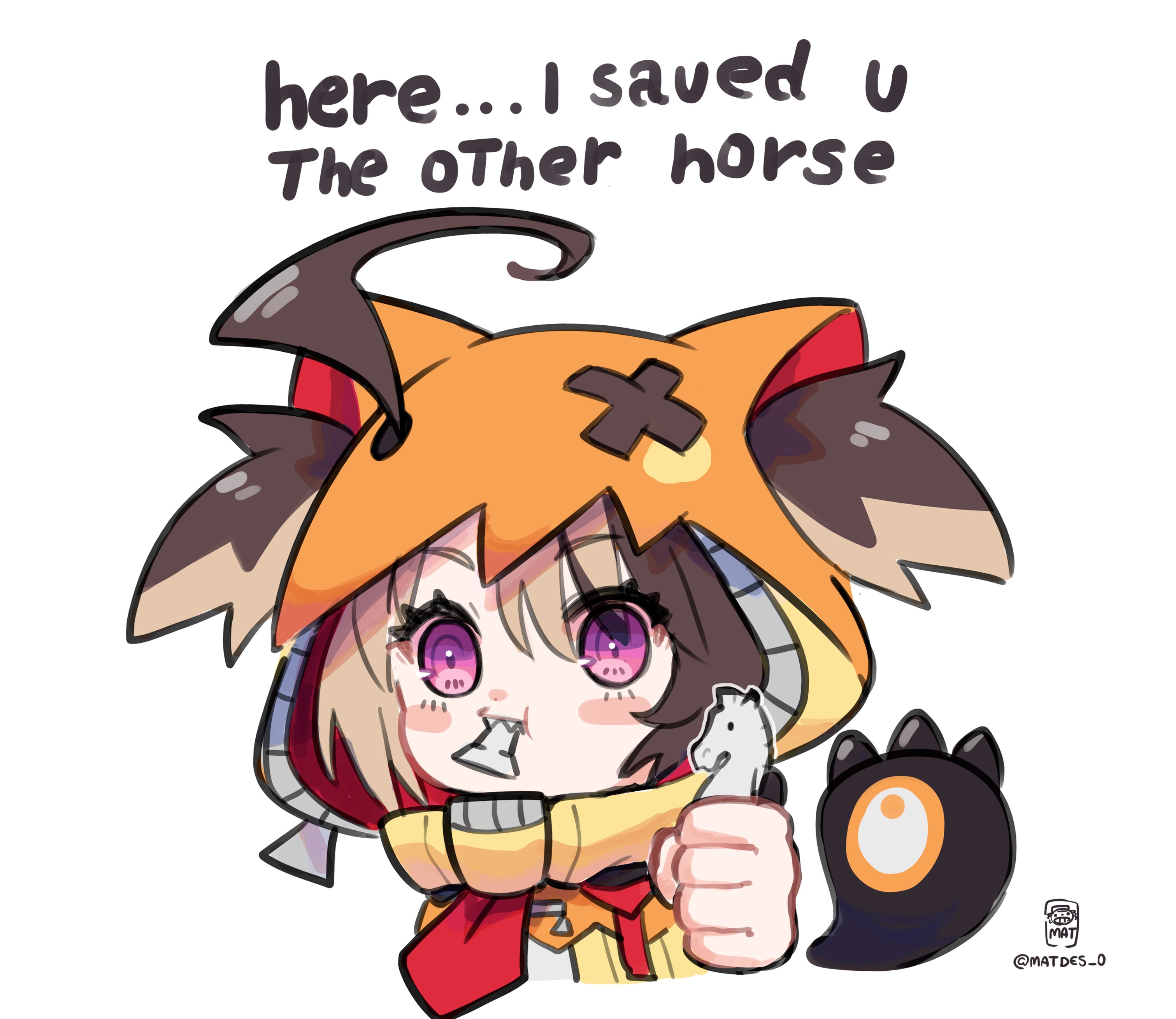 mat (matdesenheiro), gigi murin, gigi murin (1st costume), hololive, hololive english, absurdres, commentary, english commentary, highres, 1girl, ahoge, artist logo, artist name, blush stickers, brown hair, chess piece, cropped shoulders, deformed, eating, english text, hair through hood, here i saved u the red one (meme), holding, holding chess piece, hood, hood up, hoodie, huge ahoge, knight (chess), logo, looking at viewer, meme, multicolored hair, orange hood, orange hoodie, orange shrug, outstretched hand, pink eyes, sharp teeth, short hair, shrug (clothing), solo, tail, teeth, twintails, twitter username, two-tone hair, virtual youtuber, white background