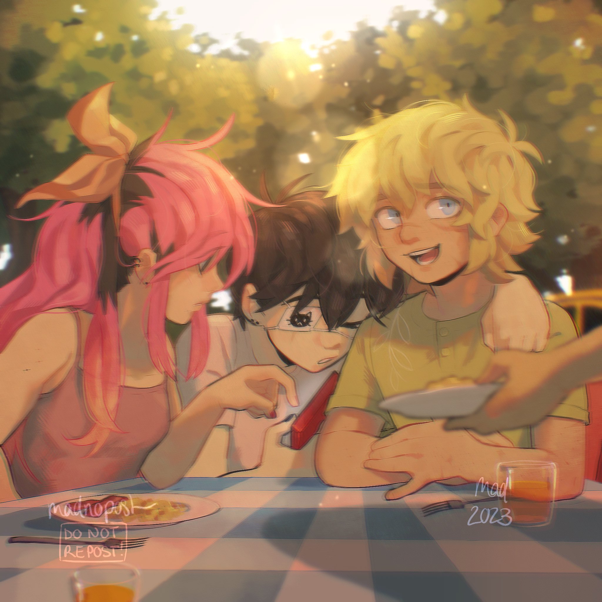 madnopost, aubrey (faraway) (omori), aubrey (omori), basil (faraway) (omori), basil (omori), sunny (omori), omori, highres, spoilers, 1girl, 1other, 2023, 2boys, alternate costume, alternate hair color, alternate hairstyle, antenna hair, arm on another's shoulder, artist name, black hair, blonde hair, blue eyes, closed eyes, closed mouth, cup, day, disembodied hand, double-parted bangs, drinking glass, ear piercing, eyepatch, facial scar, fork, green shirt, hairband, handheld game console, holding, holding handheld game console, lens flare, long hair, long sidelocks, looking at another, multicolored hair, multiple boys, open mouth, outdoors, parted lips, piercing, pink hair, plate, ponytail, red nails, scar, scar on cheek, scar on face, scar on nose, shirt, short hair, short sleeves, sidelocks, table, tank top, teeth, tongue, tree, two-tone hair, white shirt, yellow hairband