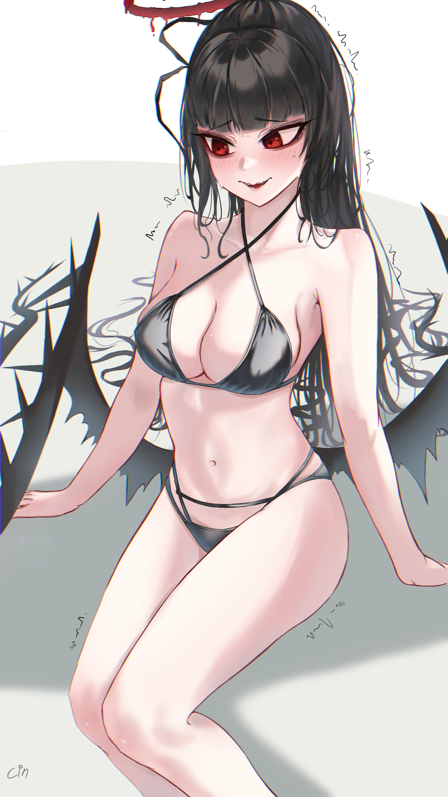 tsurugi (blue archive), tsurugi (swimsuit) (blue archive), blue archive, absurdres, highres, 1girl, bikini, black bikini, black hair, black wings, blood, blood halo, breasts, cinnabuntoast, halo, large breasts, liquid halo, long hair, navel, official alternate costume, red eyes, solo, sweat, swimsuit, wings