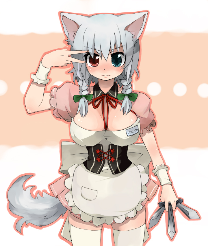 sato (pixiv56521), sato (sa10cho), asahina mikuru, inu sakuya (nejikirio), izayoi sakuya, suzumiya haruhi no yuuutsu, touhou, silver hair, bad id, bad pixiv id, 1girl, animal ears, asahina mikuru (cosplay), between fingers, breasts, corset, cosplay, dog ears, dog tail, female focus, heterochromia, holding, kemonomimi mode, knife, large breasts, mikuru beam, parody, solo, tail, throwing knife, v, waitress, weapon, wrist cuffs