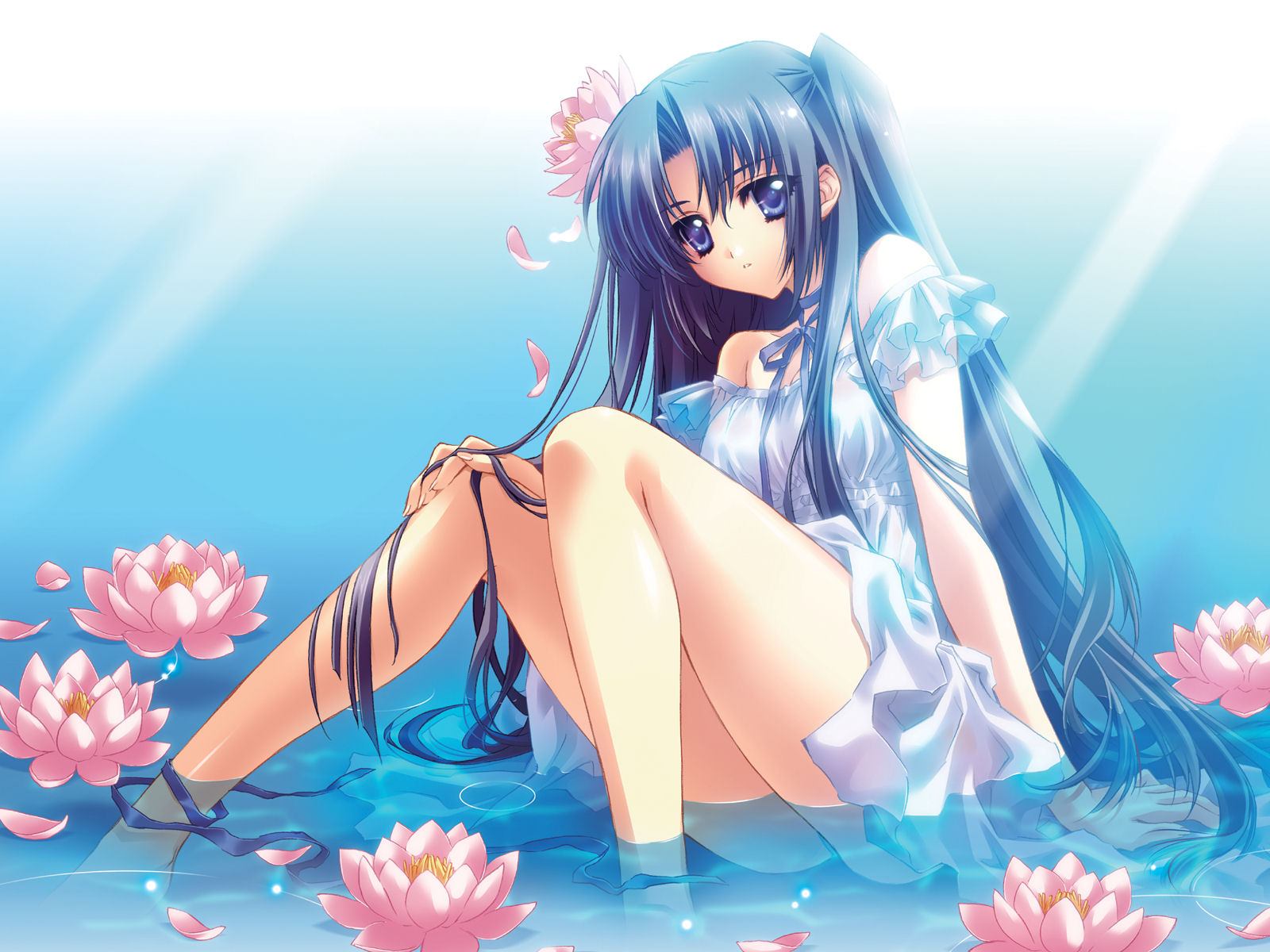 carnelian, takami rin, lyrical ds, lyrical lyric, highres, 1girl, bare legs, bare shoulders, blue eyes, blue hair, choker, dress, female focus, flower, hair flower, hair ornament, light rays, lily pad, lingerie, long hair, matching hair/eyes, parted lips, ribbon, ribbon choker, short dress, sitting, skirt, solo, sunbeam, sunlight, underwear, water, white skirt
