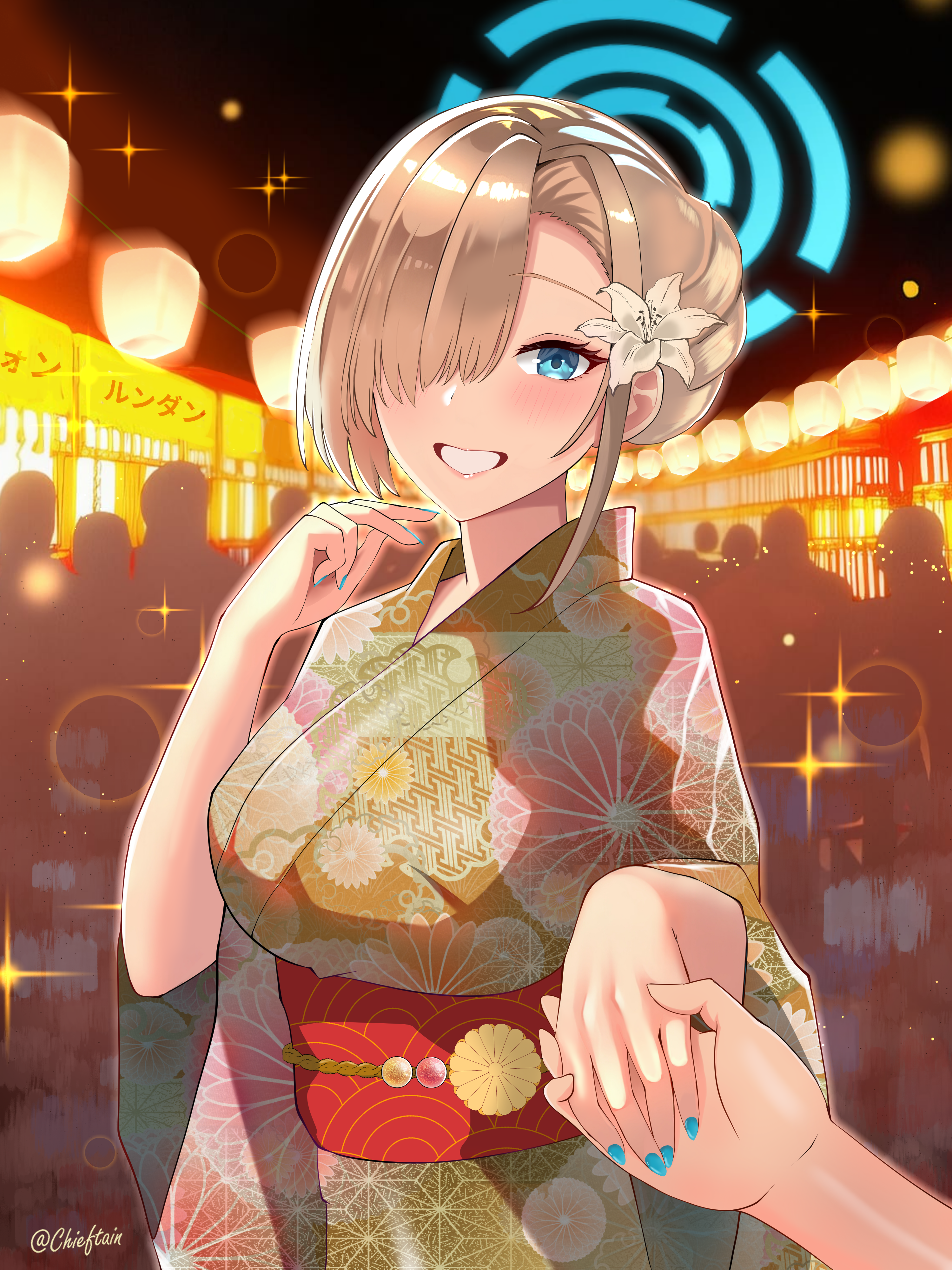 chieftain art13, asuna (blue archive), sensei (blue archive), blue archive, absurdres, commentary, english commentary, highres, mixed-language commentary, 1girl, 1other, alternate costume, artist name, blue eyes, blue halo, blue nails, blush, breasts, brown hair, crowd, festival, floral print, floral print kimono, flower, flower on head, food stand, grin, halo, hand up, holding hands, japanese clothes, kikumon, kimono, lantern, large breasts, lens flare, lily (flower), lips, long hair, market stall, night, obi, orange kimono, paper lantern, pov, pov hands, print kimono, sash, signature, silhouette, smile, solo focus, sparkle, summer, summer festival, wide sleeves, yukata
