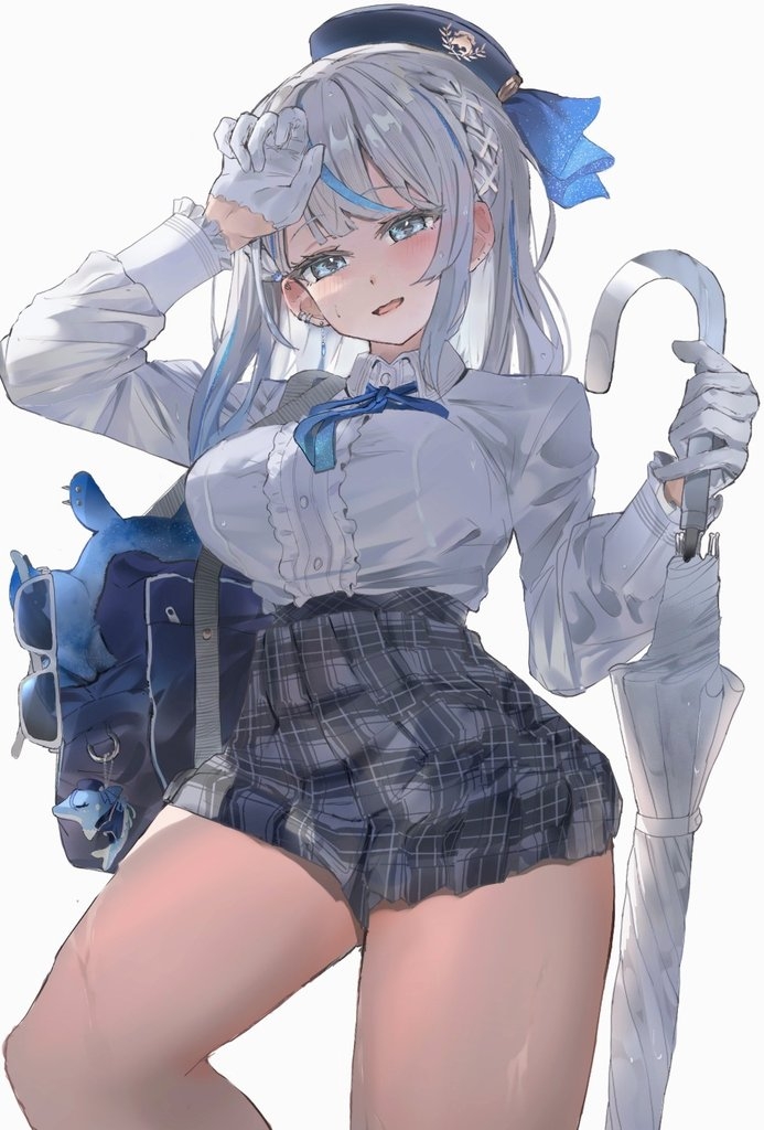 awaken fuuta, amagai ruka, weather planet, 1girl, arm up, bag, blue bag, blue eyes, blue hair, blue hat, blue ribbon, blue streaks, blush, braid, breasts, earrings, gloves, grey hair, hand on own head, hat, holding, holding umbrella, jewelry, large breasts, long hair, looking at viewer, multicolored hair, open mouth, pendant collar, plaid clothes, plaid skirt, pleated skirt, ribbon, school bag, shirt, shoulder bag, simple background, skirt, smile, solo, streaked hair, sunglasses, thighs, umbrella, unworn eyewear, virtual youtuber, white background, white gloves, white shirt