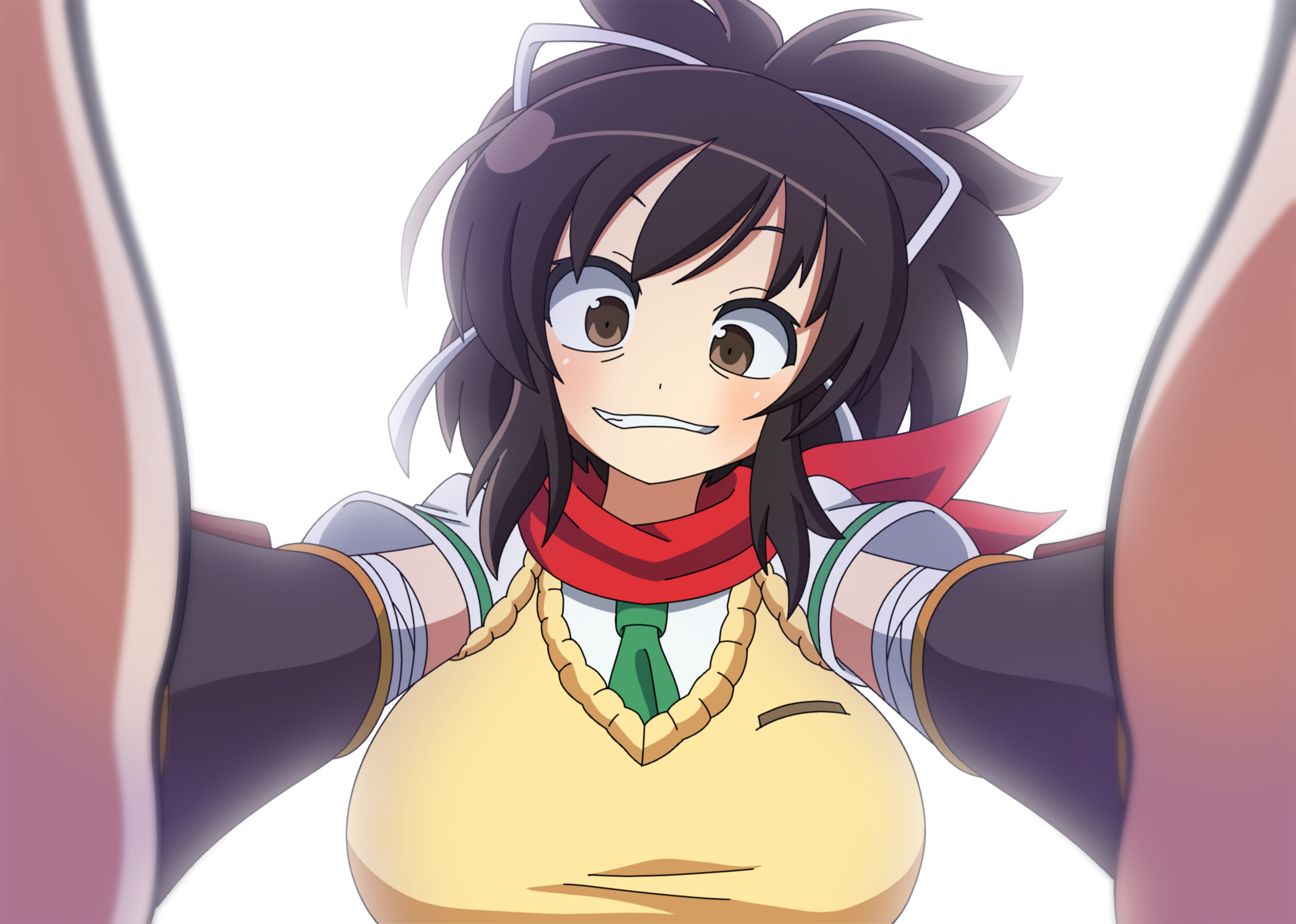 canni can, asuka (senran kagura), senran kagura, senran kagura new link, senran kagura shinovi versus, senran kagura shoujo-tachi no shin'ei, highres, 1girl, black hair, blush, breasts, brown eyes, hair ribbon, large breasts, looking at viewer, ponytail, red scarf, ribbon, scarf, short hair, short ponytail, smile, solo, white ribbon