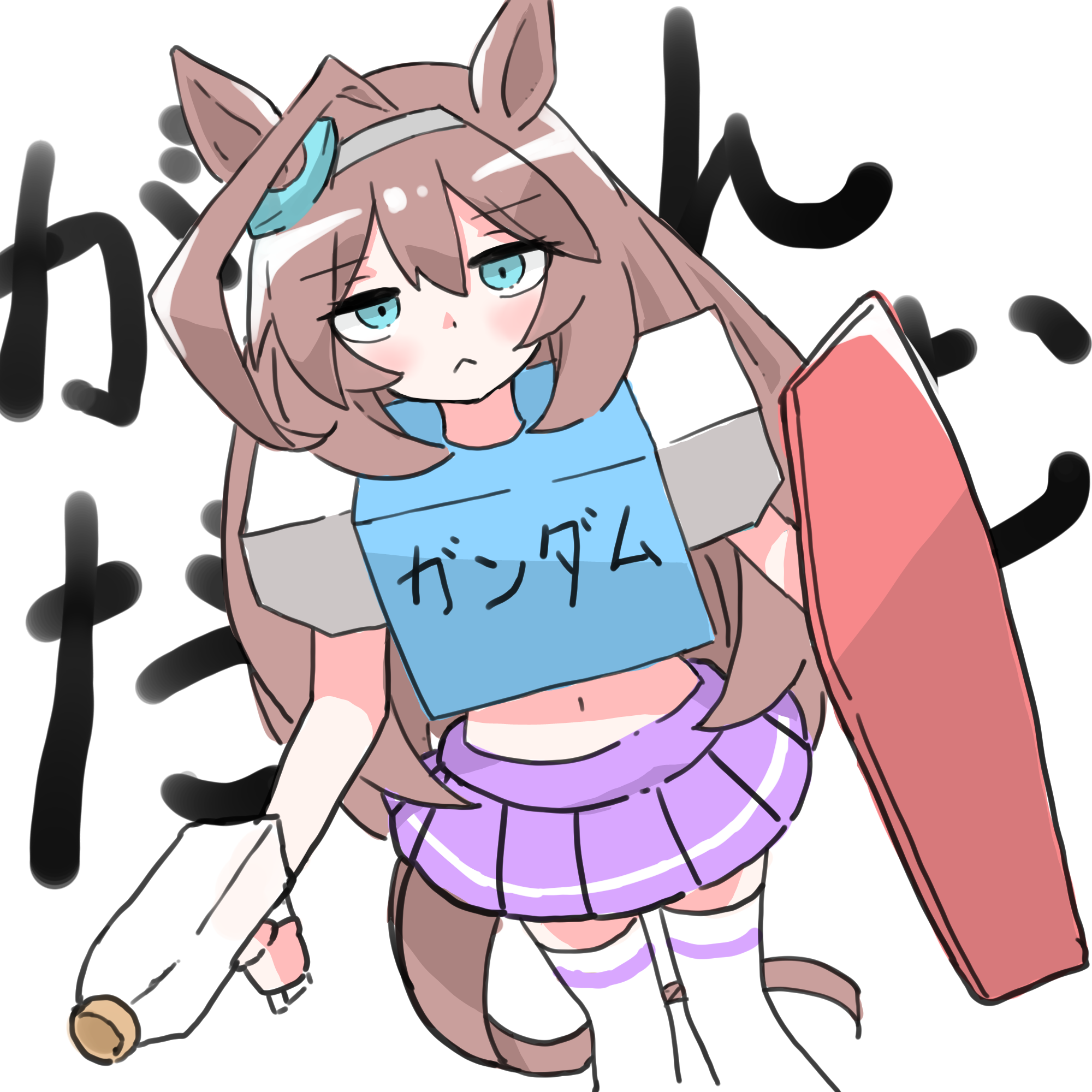 norippe (user zgsf8872), mihono bourbon (umamusume), gundam, umamusume, commentary request, highres, translation request, 1girl, :<, ahoge, animal ears, blue eyes, blush, brown hair, closed mouth, grey hairband, hair between eyes, hairband, horse ears, horse girl, horse tail, long hair, looking at viewer, navel, pleated skirt, purple skirt, simple background, skirt, solo, tail, text background, thighhighs, very long hair, white background, white thighhighs