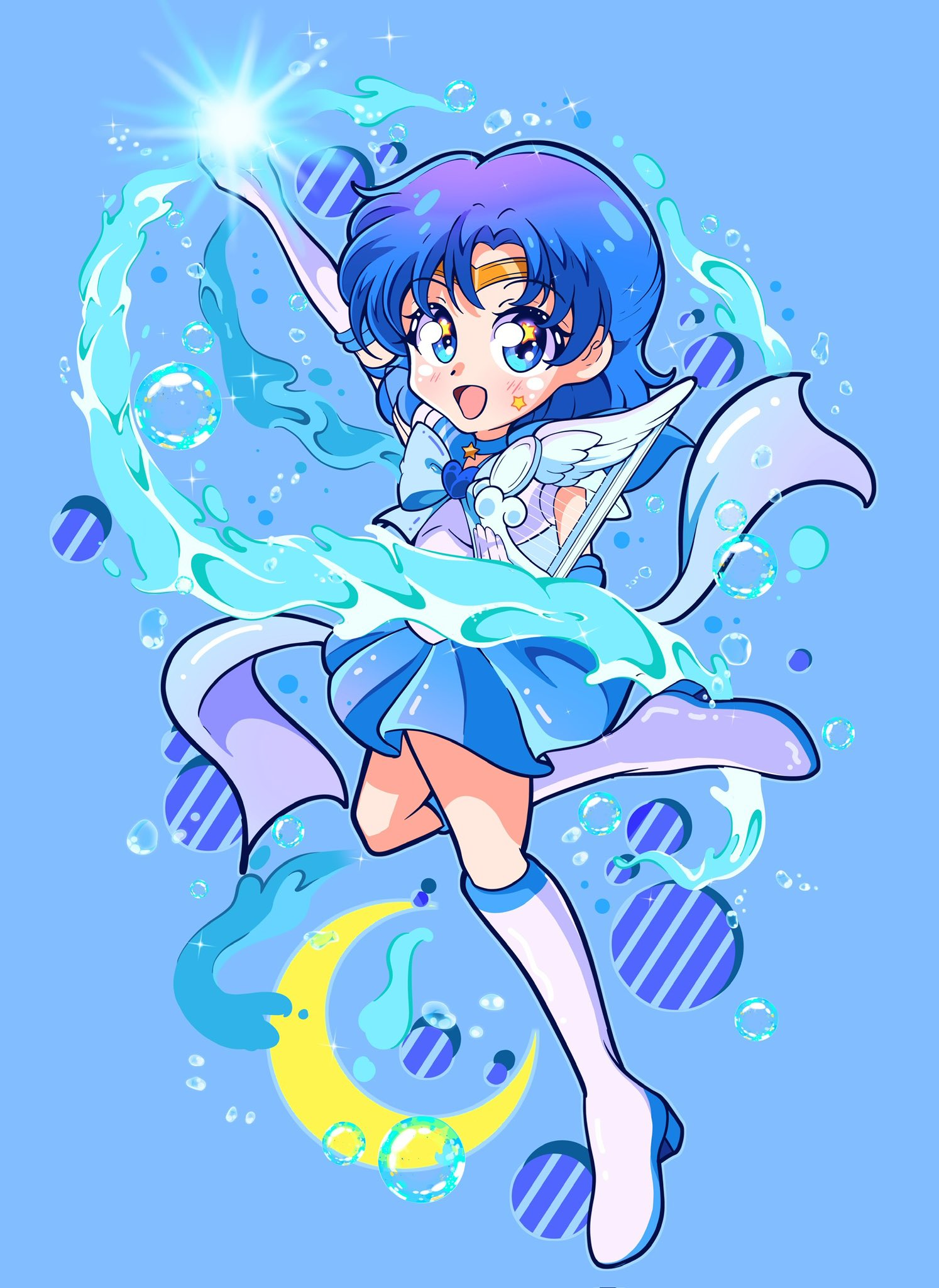 happynaru23, sailor mercury, super sailor mercury, bishoujo senshi sailor moon, bishoujo senshi sailor moon supers, highres, 1girl, back bow, blue bow, blue bowtie, blue brooch, blue choker, blue eyes, blue hair, blue sailor collar, blue skirt, blue trim, boots, bow, bowtie, brooch, bubble, choker, crescent, elbow gloves, gloves, heart, heart brooch, hydrokinesis, jewelry, sailor collar, short hair, skirt, smile, solo, standing, standing on one leg, star (symbol), star choker, star on cheek, water, white boots, white gloves