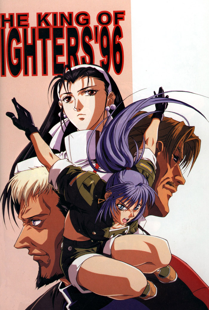 yokota mamoru, goenitz, kagura chizuru, leona heidern, rugal bernstein, king of fighters 96, snk, the king of fighters, the king of fighters '96, 2boys, 2girls, black hair, blonde hair, blue eyes, blue hair, boots, brown eyes, facial hair, goatee, hair slicked back, military, military uniform, multicolored hair, multiple boys, multiple girls, open mouth, ponytail, retro artstyle, two-tone hair
