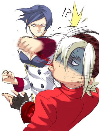 ash crimson, elisabeth blanctorche, snk, the king of fighters, lowres, 1boy, 1girl, androgynous, punching, trap