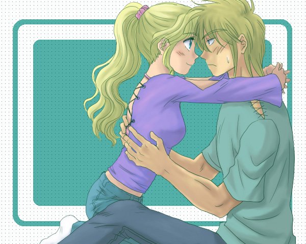 soranokaze15, cain highwind, rosa farrell, final fantasy, final fantasy iv, square enix, 1990s (style), 1boy, 1girl, blonde hair, blush, closed mouth, couple, eye contact, from side, hetero, hug, long hair, looking at another, pants, ponytail, retro artstyle, shirt, short sleeves, sitting, smile, sweater, t-shirt
