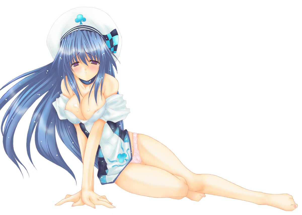 take toshiaki, arin (pangya), pangya, bare shoulders, barefoot, beret, blue eyes, blue hair, blush, breasts, cameltoe, choker, cleavage, covered erect nipples, dress, hat, large breasts, long hair, panties, solo, underwear