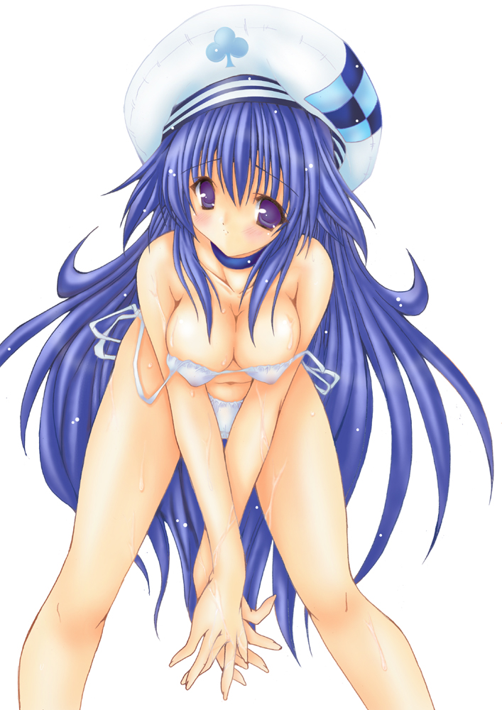 take toshiaki, arin (pangya), pangya, 1girl, bent over, beret, blue eyes, blue hair, breasts, breasts squeezed together, choker, cleavage, covered erect nipples, female focus, hat, large breasts, lingerie, long hair, matching hair/eyes, navel, panties, side-tie panties, solo, sweat, underwear, wet