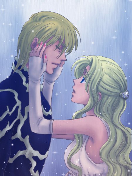 soranokaze15, cain highwind, rosa farrell, final fantasy, final fantasy iv, square enix, 1990s (style), 1boy, 1girl, blonde hair, blue eyes, closed eyes, elbow gloves, fingerless gloves, gloves, hand on another's face, hands on another's face, long hair, nail polish, pink nails, profile, retro artstyle, sleeveless