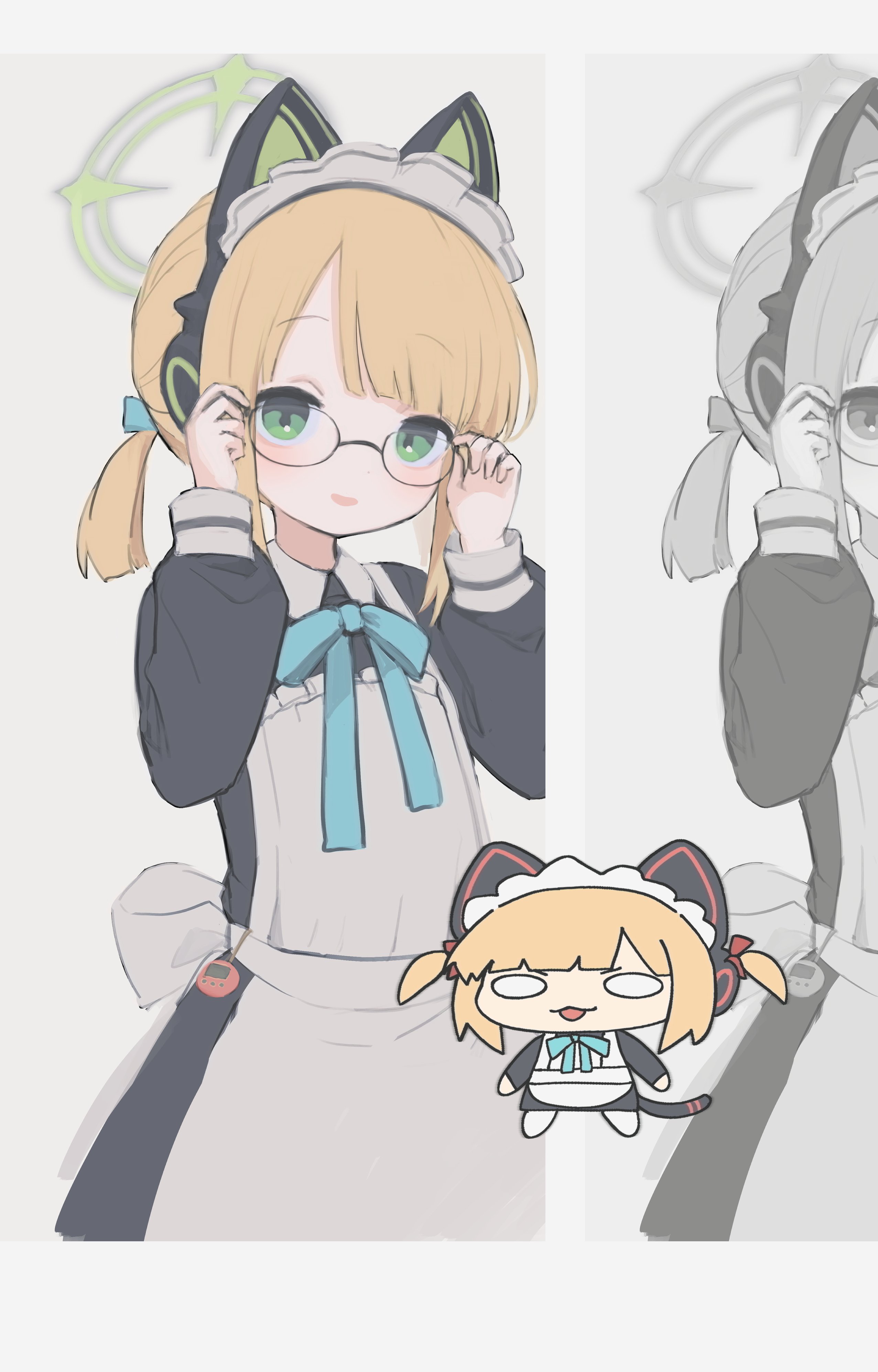 sztxra, midori (blue archive), midori (maid) (blue archive), momoi (blue archive), momoi (maid) (blue archive), blue archive, twitter, absurdres, highres, 2girls, animal ear headphones, animal ears, apron, black dress, blue bow, blue bowtie, blue eyes, bow, bowtie, cat ear headphones, chibi, chibi only, dress, fake animal ears, glasses, greyscale, headphones, maid, monochrome, multiple girls, simple background, white background