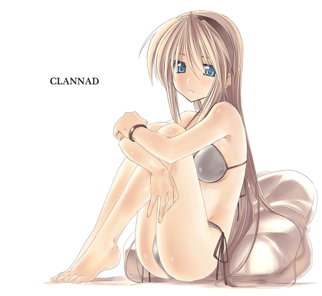 himura kiseki, sakagami tomoyo, clannad, 00s, 1girl, barefoot, bikini, blue eyes, bracelet, brown hair, feet, female focus, hairband, hugging own legs, jewelry, pillow, side-tie bikini bottom, sitting, solo, swimsuit