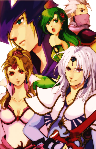 cain highwind, cecil harvey, edward geraldine, rosa farrell, rydia (adult) (ff4), rydia (ff4), final fantasy, final fantasy iv, 1990s (style), 2girls, 3boys, armor, blonde hair, green eyes, green hair, helmet, multiple boys, multiple girls, red eyes, retro artstyle, sword, weapon