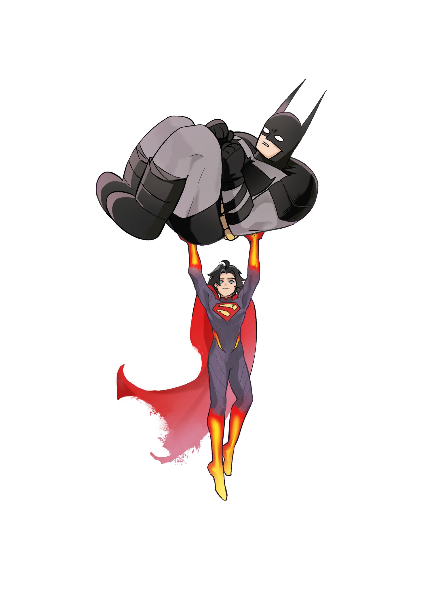 xi tan pao mian ji, batman, superman, absolute batman, absolute dc, absolute superman, batman (series), dc comics, superman (series), commentary, english commentary, highres, 2boys, batman symbol, black bodysuit, black gloves, black hair, blue bodysuit, blue eyes, bodysuit, cape, flying, full body, gloves, grey bodysuit, jitome, lifting person, male focus, multiple boys, parted lips, red cape, short hair, simple background, superhero costume, white background