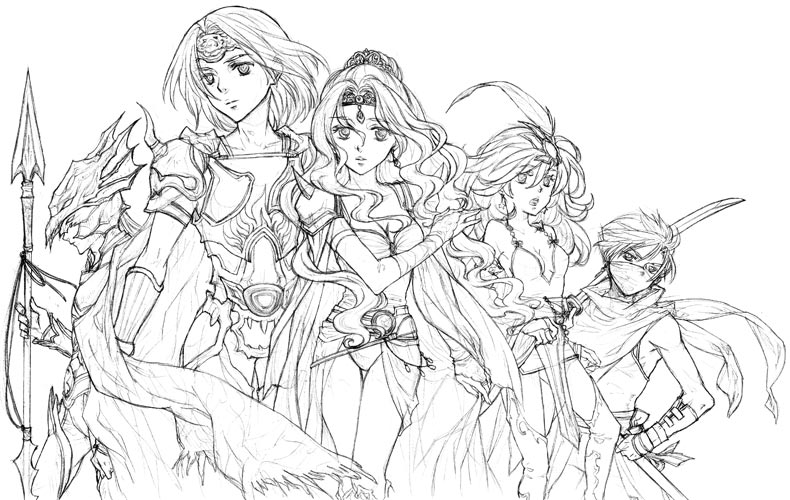 cain highwind, cecil harvey, edward geraldine, rosa farrell, rydia (adult) (ff4), rydia (ff4), final fantasy, final fantasy iv, 1990s (style), 2girls, 3boys, armor, breasts, cape, cleavage, elbow gloves, gloves, greyscale, helmet, katana, medium breasts, monochrome, multiple boys, multiple girls, polearm, retro artstyle, small breasts, spear, sword, weapon