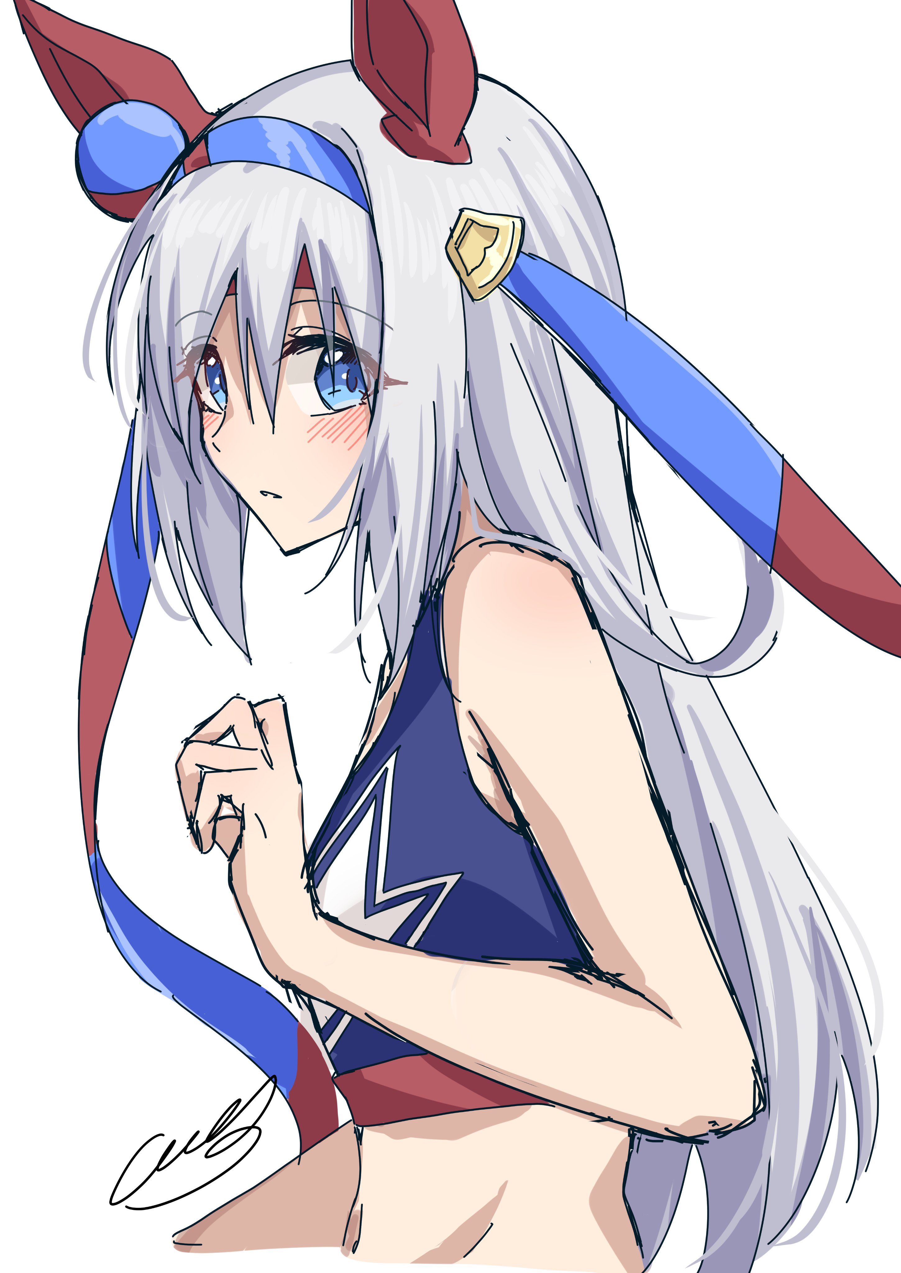 amaxa, tamamo cross (umamusume), umamusume, umamusume: cinderella gray, absurdres, highres, 1girl, animal ears, blue eyes, blue hairband, blush, ear covers, ear ornament, grey hair, hair between eyes, hairband, headband, horse ears, horse girl, lightning bolt symbol, long hair, navel, red headband, solo, sports bra, striped clothes, striped hairband, very long hair