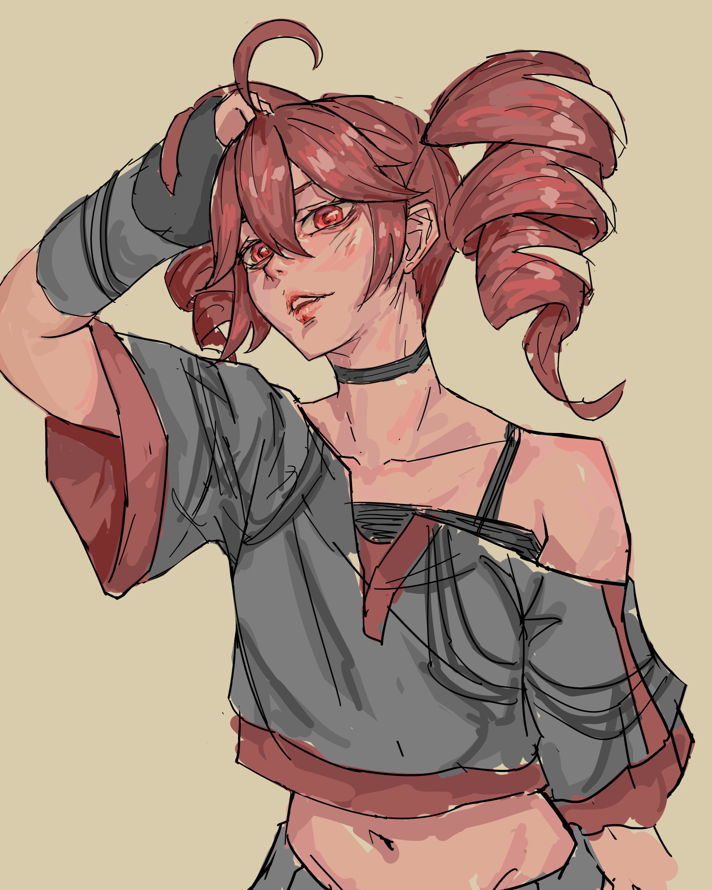 veygudtek, kasane teto, utau, absurdres, commentary, english commentary, highres, 1girl, ahoge, alternate costume, collarbone, drill hair, hair between eyes, lips, looking at viewer, midriff, open mouth, red eyes, red hair, red trim, smile, solo, twin drills, wide sleeves