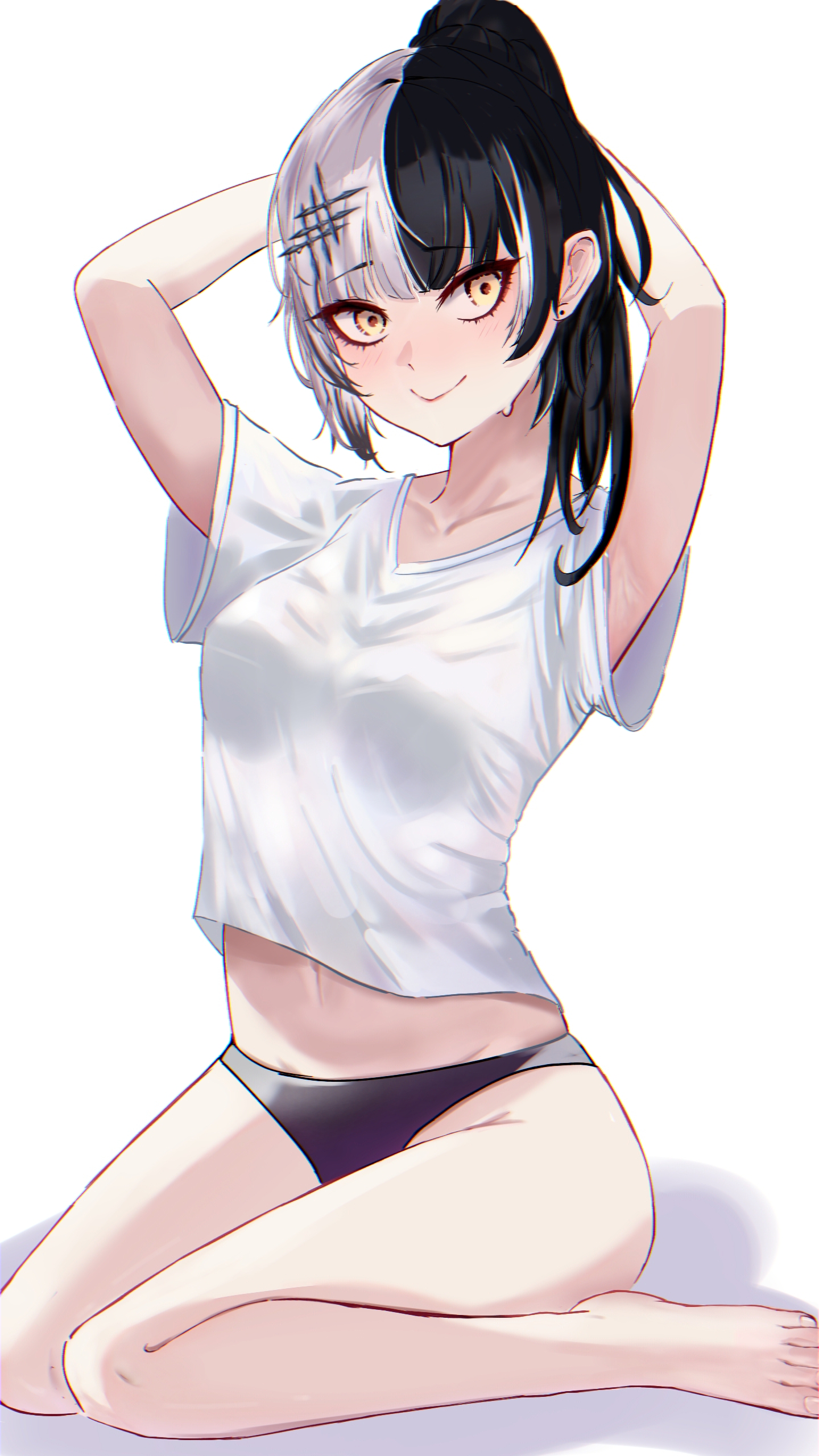 shiori novella, hololive, hololive english, absurdres, highres, 1girl, armpits, arms behind head, arms up, black hair, black panties, breasts, cinnabuntoast, closed mouth, feet, grey hair, large breasts, long hair, multicolored hair, navel, no pants, panties, ponytail, shirt, simple background, sitting, smile, solo, split-color hair, sweat, t-shirt, two-tone hair, underwear, v-neck, virtual youtuber, wariza, white background, white shirt, yellow eyes