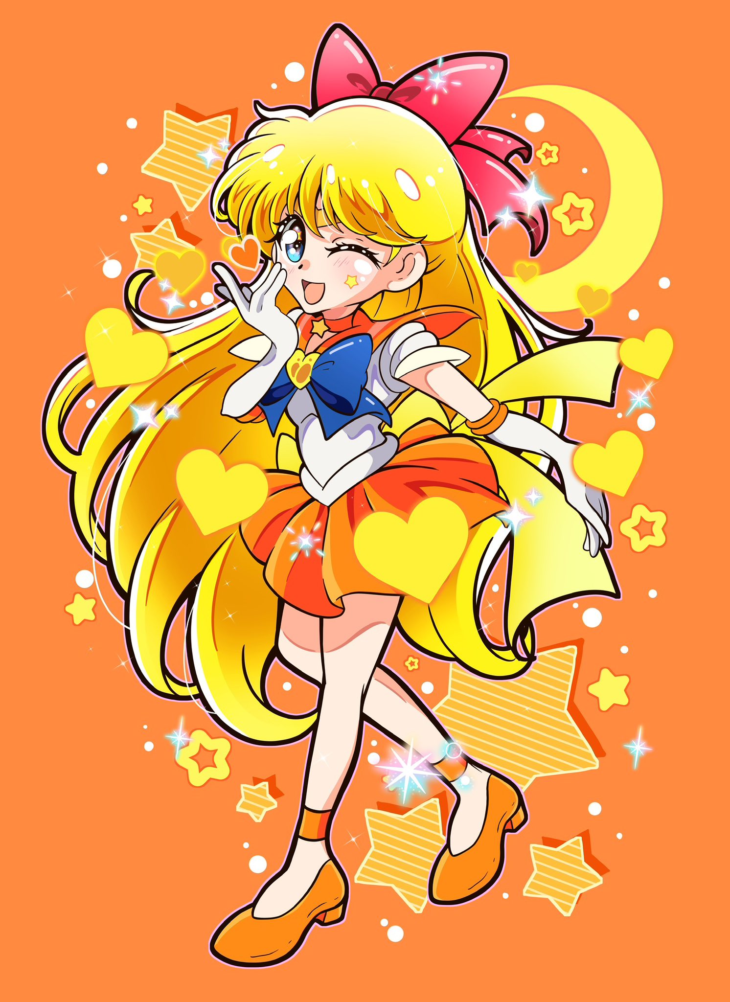happynaru23, aino minako, sailor venus, super sailor venus, bishoujo senshi sailor moon, bishoujo senshi sailor moon supers, highres, 1girl, back bow, blonde hair, blue bow, blue bowtie, blue eyes, bow, bowtie, brooch, choker, circlet, crescent, elbow gloves, gloves, hair bow, hand on own cheek, hand on own face, heart, heart brooch, high heels, jewelry, long hair, looking at viewer, one eye closed, orange choker, orange sailor collar, orange skirt, orange trim, red bow, sailor collar, shirt, skirt, smile, solo, star (symbol), star choker, star on cheek, very long hair, white gloves, white shirt, yellow bow, yellow brooch