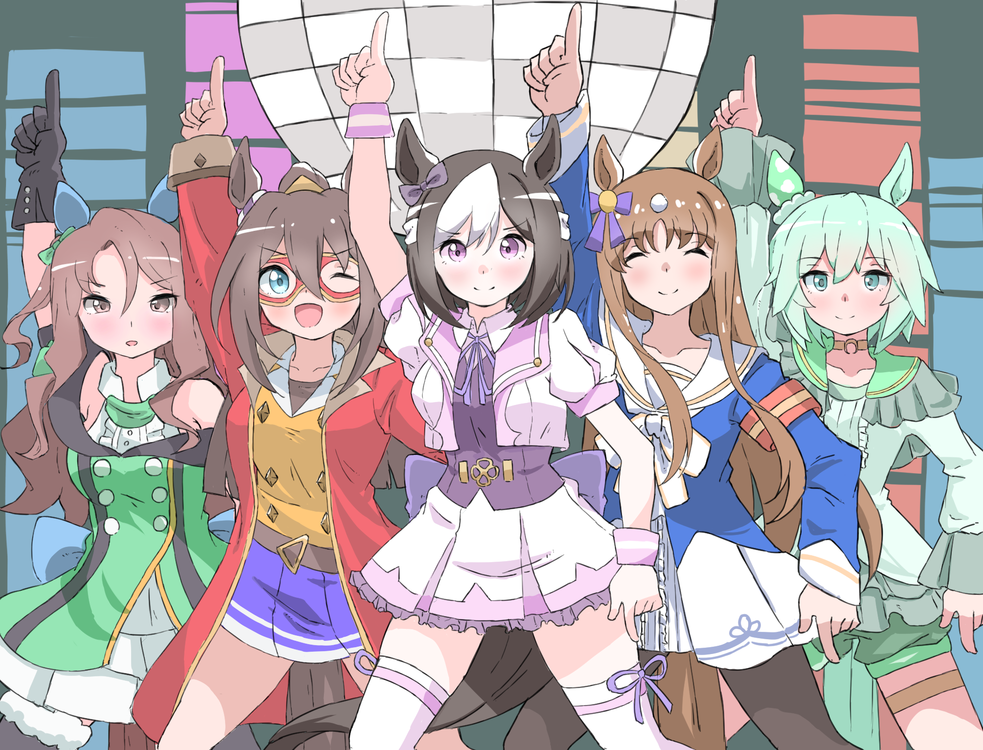 norippe (user zgsf8872), el condor pasa (el numero 1) (umamusume), el condor pasa (umamusume), grass wonder (stone-piercing blue) (umamusume), grass wonder (umamusume), king halo (king of emeralds) (umamusume), king halo (umamusume), seiun sky (reeling in the big one) (umamusume), seiun sky (umamusume), special week (special dreamer) (umamusume), special week (umamusume), saturday night fever, umamusume, commentary request, highres, 5girls, ;d, ^ ^, animal ears, arm up, armband, black gloves, black hair, blue eyes, blue shirt, blush, bow, breasts, brown hair, brown pantyhose, center frills, closed eyes, closed mouth, collarbone, collared shirt, cropped jacket, disco ball, dress, eye mask, frills, gloves, golden generation (umamusume), green bow, green dress, green eyes, green hair, green shorts, grey jacket, hair between eyes, hair bow, horse ears, horse girl, horse tail, index finger raised, jacket, long hair, long sleeves, medium breasts, multicolored hair, multiple girls, neck ribbon, off-shoulder dress, off shoulder, one eye closed, one side up, open clothes, open jacket, open mouth, pantyhose, parted bangs, pleated skirt, puffy short sleeves, puffy shorts, puffy sleeves, purple ribbon, purple skirt, purple vest, red jacket, ribbon, sailor collar, shirt, short sleeves, shorts, skirt, smile, tail, thighhighs, two-tone hair, very long hair, vest, white hair, white jacket, white sailor collar, white shirt, white skirt, white thighhighs, wrist cuffs, yellow shirt